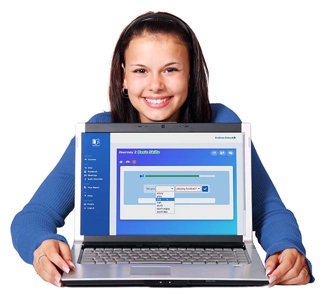 Woman with laptop showing Klik2learn's Digital Learning Hub