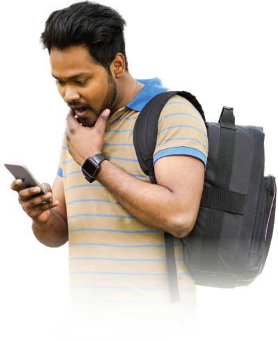 A man with a backpack using a smartphone